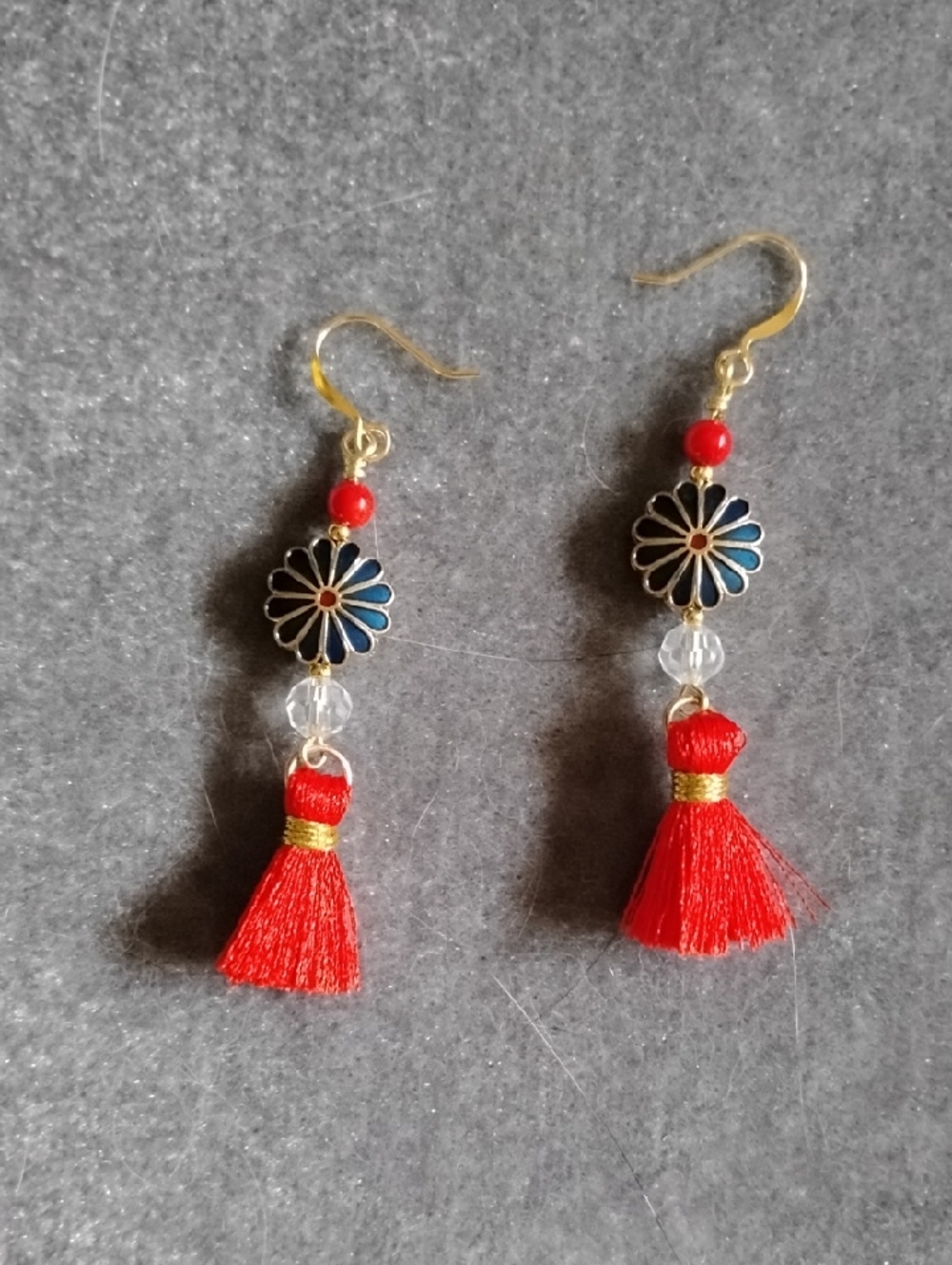 Hand Crafted Red Tassel Enamel Flower Drop Earrings